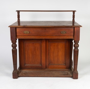 An unusual antique Colonial Australian cedar clerk's cabinet with chiffonier back, most likely from a bank of Government institution, 19th century, 123cm high, 131cm wide, 80cm deep