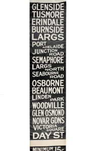 ADELAIDE BUS DESTINATION ROLL: Including Glenside, Semaphore, Osborne, Day Street, Hyde Park, Glenelg Port Adelaide Semaphore Park, (from an AEC "Swift" bus), circa 1970s, 810 x 64cm