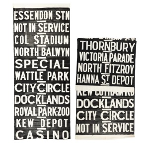 MELBOURNE TRAM DESTINATION ROLLS: Two customised screen print rolls, circa 2010, miscellaneous destinations including Docklands, Victoria Parade, City Circle, Casino, Royal Park Zoo, North Balwyn, Essendon Stn. etc., 230 x 100cm each, (one example in two 