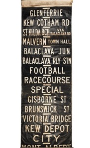 MELBOURNE TRAM DESTINATION ROLL: KEW DEPOT including Balaclava Junc., Balwyn, Market St., Prahran, Swan & Church Sts. Corner&nbsp;etc., circa 1976, 840 x 100cm