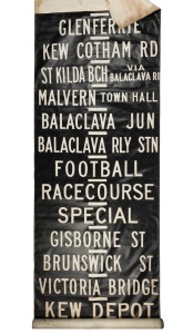 MELBOURNE TRAM DESTINATION ROLL: KEW DEPOT including Balaclava RLY. STN., Gisborne, Victoria Bridge, Spencer St. Market St. etc., circa 1970s, 840 x 100cm