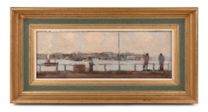 JOHN MCQUALTER&nbsp;(1949 - ), I.) End of The Pier, II.) Lovers and Fishermen, Sydney Harbour, oil on board, both signed lower left "McQualter", the larger 10.5cm x 29cm, 20 x 38cm overall