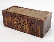 McHUGH pottery trough with embossed fern and floral decoration to front and back, mottled brown glaze with cream interior, incised "H. McHugh, Tasmania", 12cm high, 13cm wide - 2