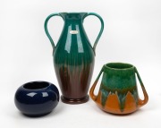 BENDIGO POTTERY "Waverley Ware" impressive two handled green and brown glazed pottery vase with original foil label; together with a blue glazed BENDIGO POTTERY vase and a two handled green and brown glazed pottery vase, (3 items), the largest 40cm high