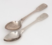 UNKNOWN MAKER pair of Colonial Australian silver teaspoons with engraved hunting crest, circa 1840, stamped "J.M." leopard's head, Gothic date letter, crown and back facing emu. Note: identical marks shown in "Early Australian Silver The Houstone Collecti
