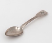 JOEL JOHN COHEN rare Colonial Australian silver fiddle pattern teaspoon with engraved with three feathers and the motto "CON FIDO" (Boyd Family), Sydney origin, circa 1840, stamped "C.J." uncrowned leopard, lion passant, date letter "O", and monarch's hea