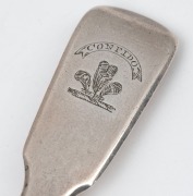 JOEL JOHN COHEN rare Colonial Australian silver fiddle pattern teaspoon with engraved with three feathers and the motto "CON FIDO" (Boyd Family), Sydney origin, circa 1840, stamped "C.J." uncrowned leopard, lion passant, date letter "O", and monarch's hea - 2