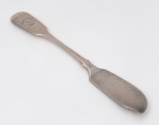 UNKNOWN MAKER&nbsp;Colonial Australian silver pate knife with engraved crest (possibly for DRUMMOND), circa 1860, stamped "H.M." (possibly HENRY MUIRHEAD), with crowned leopard and lion passant. Note: identical marks shown in "Early Australian Silver The Houst