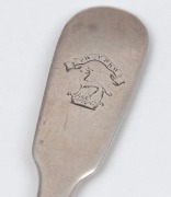 UNKNOWN MAKER&nbsp;Colonial Australian silver pate knife with engraved crest (possibly for DRUMMOND), circa 1860, stamped "H.M." (possibly HENRY MUIRHEAD), with crowned leopard and lion passant. Note: identical marks shown in "Early Australian Silver The Houst - 2