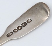 JOEL JOHN COHEN rare Colonial Australian silver fiddle pattern teaspoon with engraved monogram, Sydney origin, circa 1840, stamped "C.N." crowned leopard, lion passant, Gothic date letter "F", and monarch's head, 14cm long, 22 grams. - 2