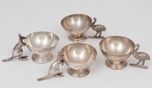 77 · Two pairs of antique Australian silver plated table salts adorned with emu and kangaroo handles, by STOKES & SONS of Melbourne and STEWART DAWSON & Co. circa 1900, (4 items), ​​​​​​​the largest 5cm high, 9.5cm wide.