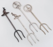 STOKES & SONS of Melbourne group of four antique silver plated kangaroo themed bread forks, 19th/20th century, ​​​​​​​23cm high.