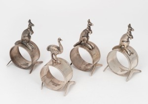 Four antique Australian silver plated napkin rings with boomerang bases, three with kangaroo decoration, the other with emu, by STOKES & SONS of Melbourne, early 20th century, 9cm high