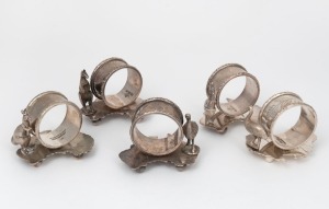 A set of five antique Australian silver plated napkin rings with Australian map bases, three with kangaroo decoration, the other two with emus, by STOKES & SONS of Melbourne, 19th/20th century, ​​​​​​​5.5cm high