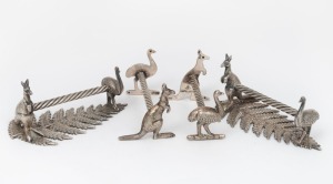 STOKES & SONS two pairs of antique Australian silver plated knife rests with kangaroo and emu decoration, one set with fern bases, 19th/20th century, (4 items), 5cm high, 10cm wide.