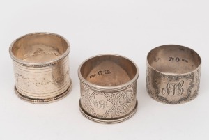 HENRY STEINER group of three antique Australian silver napkin rings with engraved decoration, South Australian origin, 19th century, 107 grams total.