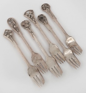 JAMES LINTON set of six Australian silver cake forks with wildflower decoration, Western Australian origin, 20th century, stamped "JAL, STG. SILVER" and pictorial mark, 12cm high, 116 grams total.