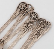 JAMES LINTON set of six Australian silver cake forks with wildflower decoration, Western Australian origin, 20th century, stamped "JAL, STG. SILVER" and pictorial mark, 12cm high, 116 grams total. - 2