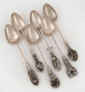 JAMES LINTON set of six Australian silver teaspoons with wildflower decoration, Western Australian origin, 20th century, stamped "JAL, STG. SILVER" and pictorial mark, 11cm high, 84&nbsp;grams total.