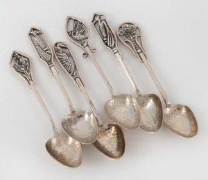 JAMES LINTON set of six Australian silver coffee spoons, Western Australian origin, 20th century, stamped "JAL, STG. SILVER" and pictorial mark, 8.5cm high, 45 grams total.