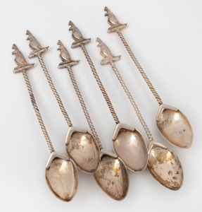 110 · Set of six Australian silver teaspoons with rope twist stems, kangaroo finials and boomerang bowl supports, 20th century, stamped "STG. SIL.", ​​​​​​​13cm long, 77 grams total.