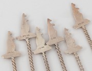 Set of six Australian silver teaspoons with rope twist stems, kangaroo finials and boomerang bowl supports, 20th century, stamped "STG. SIL.", ​​​​​​​13cm long, 77 grams total. - 2
