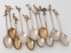 Eleven assorted sterling silver teaspoons with twist stems and native animal finials, four with original gilt finish (by Walker & Hall), the remaining seven Australian made, 20th century, the largest 11.5cm high, 86 grams total.