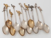 Eleven assorted sterling silver teaspoons with twist stems and native animal finials, four with original gilt finish (by Walker & Hall), the remaining seven Australian made, 20th century, the largest 11.5cm high, 86 grams total.