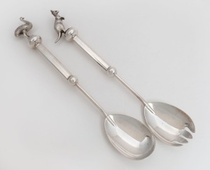 85 · STOKES & SONS of Melbourne pair of antique silver plated salad spoons with kangaroo and emu finials, 19th/20th century, ​​​​​​​30cm long