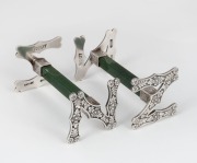 FRANK GRADY of Wellington pair of antique New Zealand silver and greenstone "N.Z." knife rests, 19th/20th century, stamped "F. GRADY, ST. SILVER", 4cm high, 8cm wide.