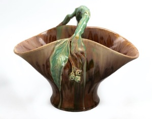 287 · REMUED large green and brown glazed pottery basket vase with applied gumnuts and leaf, incised "Remued, 194/12", 25cm high, 32cm wide