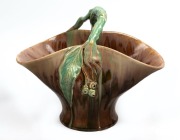 REMUED&nbsp;large green and brown glazed pottery basket vase with applied gumnuts and leaf, incised "Remued, 194/12", 25cm high, 32cm wide