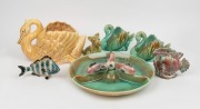 Pottery swan vases, PATES POTTERY fish vase, dog statue, fish statue and fish savoury dish, A/F, (7 items), the savoury&nbsp;dish 28cm diameter