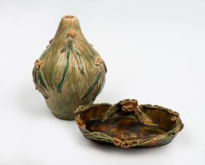 Pottery table lamp base with incised decoration and applied gumnuts and leaves; together with a hand-built pottery bowl decorated with gumnuts and leaves, (2 items), the bowl 23cm wide