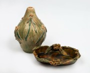 Pottery table lamp base with incised decoration and applied gumnuts and leaves; together with a hand-built pottery bowl decorated with gumnuts and leaves, (2 items), the bowl 23cm wide