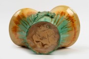 REMUED&nbsp;green glazed pottery basket vase with applied gum nuts and leaf, incised "Remued, 194/10M", 20cm high, 26.5cm wide&nbsp; - 2