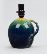 REMUED&nbsp;rare pottery table lamp glazed in blue, green and yellow, with applied branch handle, 25cm high overall