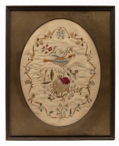 [HOWITT FAMILY INTEREST, MELBOURNE] Antique oval silk embroidery, mid 19th century, housed in later frame and mounting, 28 x 31cm, 36 x 29cm overall.