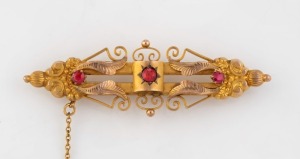 ROBERT ROLLASON of Sydney, antique Australian 9ct gold bar brooch, set with three red stones, 19th century, stamped "R. 9ct" with pictorial mark, 6cm wide,&nbsp;