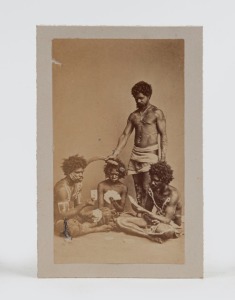 A carte-de-visite&nbsp;size albumen paper photograph of an Aboriginal group playing cards, circa 1870. Possibly by Samuel Duesbury of Brisbane. Laid down on a later backing card. The image 9.4 x 5.8cm.