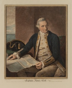 Captain James Cook, reproduction engraving of the 1784 portrait by Sherwin, framed & glazed, overall 64 x 59cm.