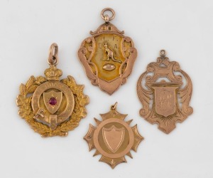 Four antique 9ct gold fobs including an attractive Australian rules football example with kangaroo. Makers include W. KERR, S.M. WALLACE, and W.H. PRITCHARD, early 20th century, ​​​​​​​28.2 grams total
