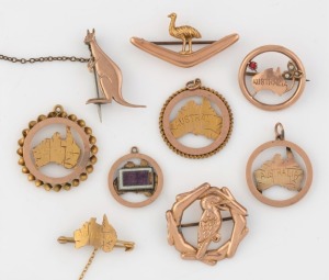 Nine assorted Australian patriotic 9ct gold brooches and fobs, 19th/20th century, ​​​​​​​17.5 grams total