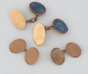 Two pairs of 9ct gold cufflinks, one set engraved with emu head crests and adorned with opals, 20th century, ​​​​​​​17.7 grams total