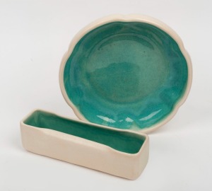 McCREDIE green and cream glazed pottery bowl and flower trough, (2 items), incised "McCredie, N.S.W.", both 22cm wide