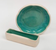 McCREDIE&nbsp;green and cream glazed pottery bowl and flower trough, (2 items), incised "McCredie, N.S.W.", both 22cm wide