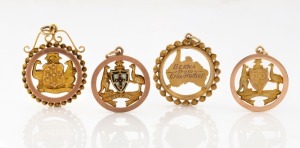 FEDERATION group of four antique Australian 9ct gold patriotic fobs, by WILLIS & SONS and ARONSON of Melbourne, late 19th/20th century, ​​​​​​​8.5 grams total