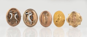Five antique and vintage gold plated oval kookaburra brooches, two with enamel decoration, 19th/20th century, the largest 3.5cm high