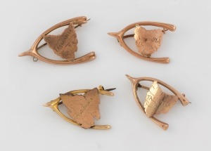 Four antique Australian 9ct rose gold Tasmanian map and wishbone brooches, 19th/20th century, the largest 3.2cm wide, 6.5 grams total.