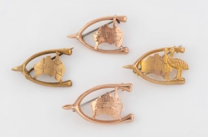 Four antique Australian 9ct rose gold Australian map and wishbone brooches, (three manufactured by WILLIS & SONS of Melbourne), 19th/20th century, the largest 3.5cm wide, 6.5 grams total.